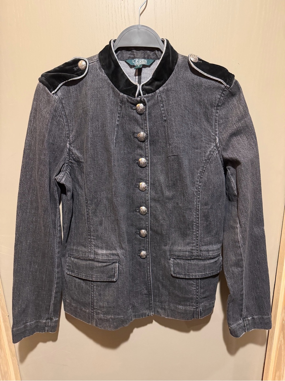 Lauren Ralph Lauren Black Military-Style Cotton Jacket with Velvet Trim